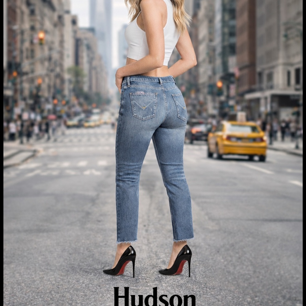Hudson Jeans Cropped High-Rise Straight Jeans - Medium Blue